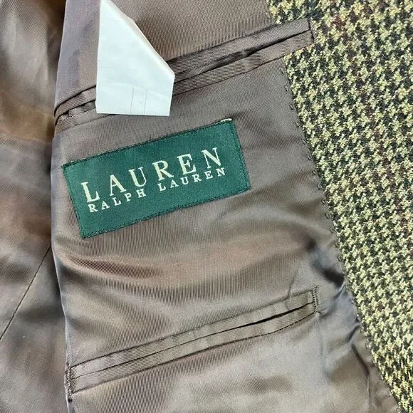 Lauren Ralph Lauren Sport Coat Blazer Men 42L Wool Brown Houndstooth‎ 2 Button